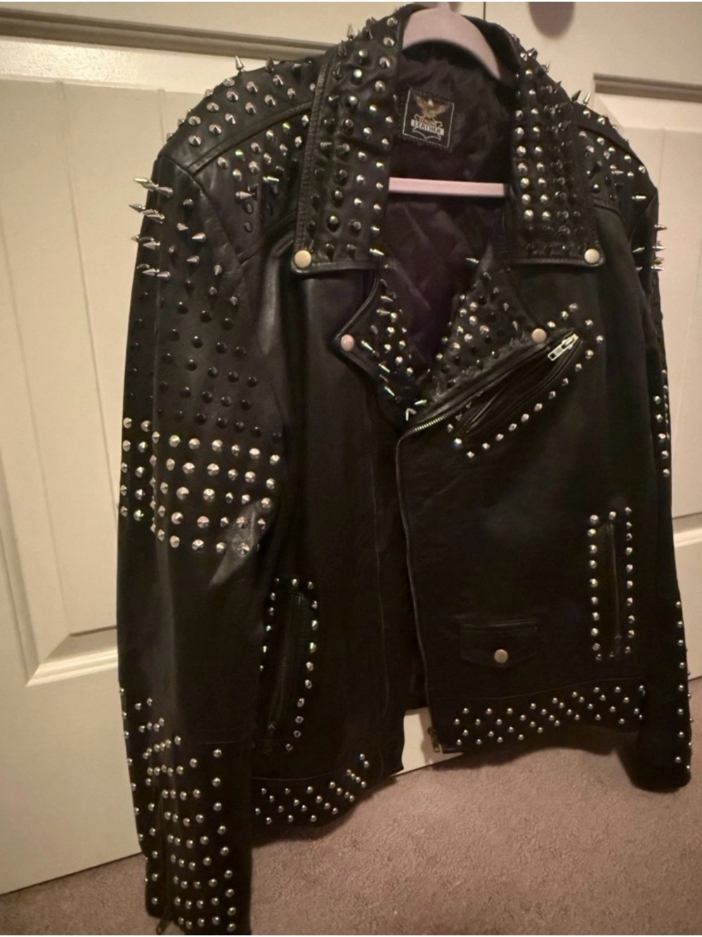Leather Studded Biker Jacket - Black - Picture 4 of 5